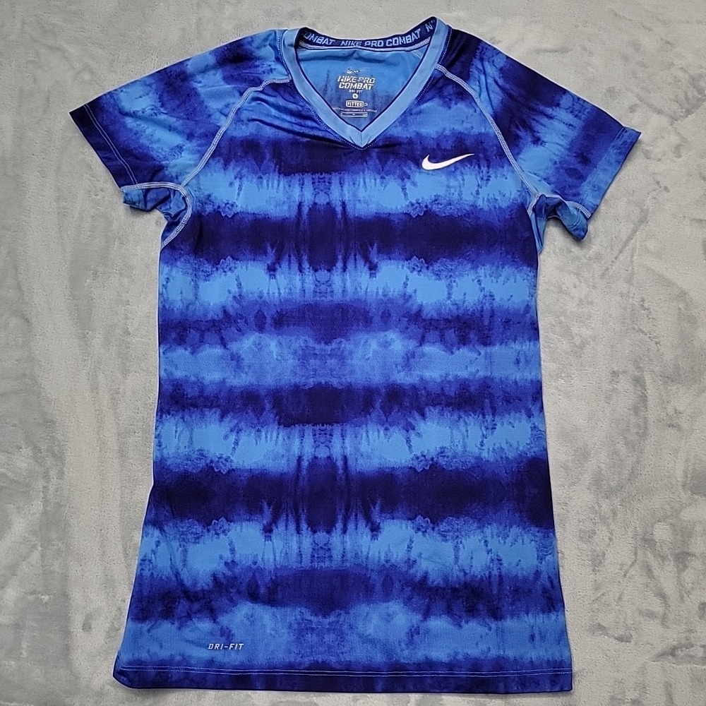 Nike Shirt Mens S Blue Pro Combat Tie Dye Compression Dri-Fit Athletic